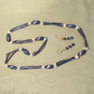 Hematite, gold and pearl necklace and earring SET